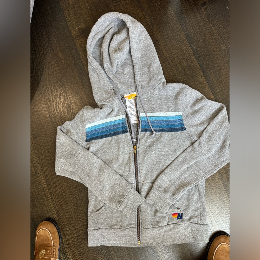 AVIATOR NATION 5 STRIPE ZIP UP SWEATSHIRT - HEATHER GREY // BLUE size M